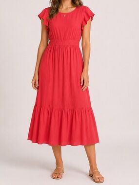 For Cynthia Coral Pink Flutter Sleeve Tiered Midi Dress Size XL